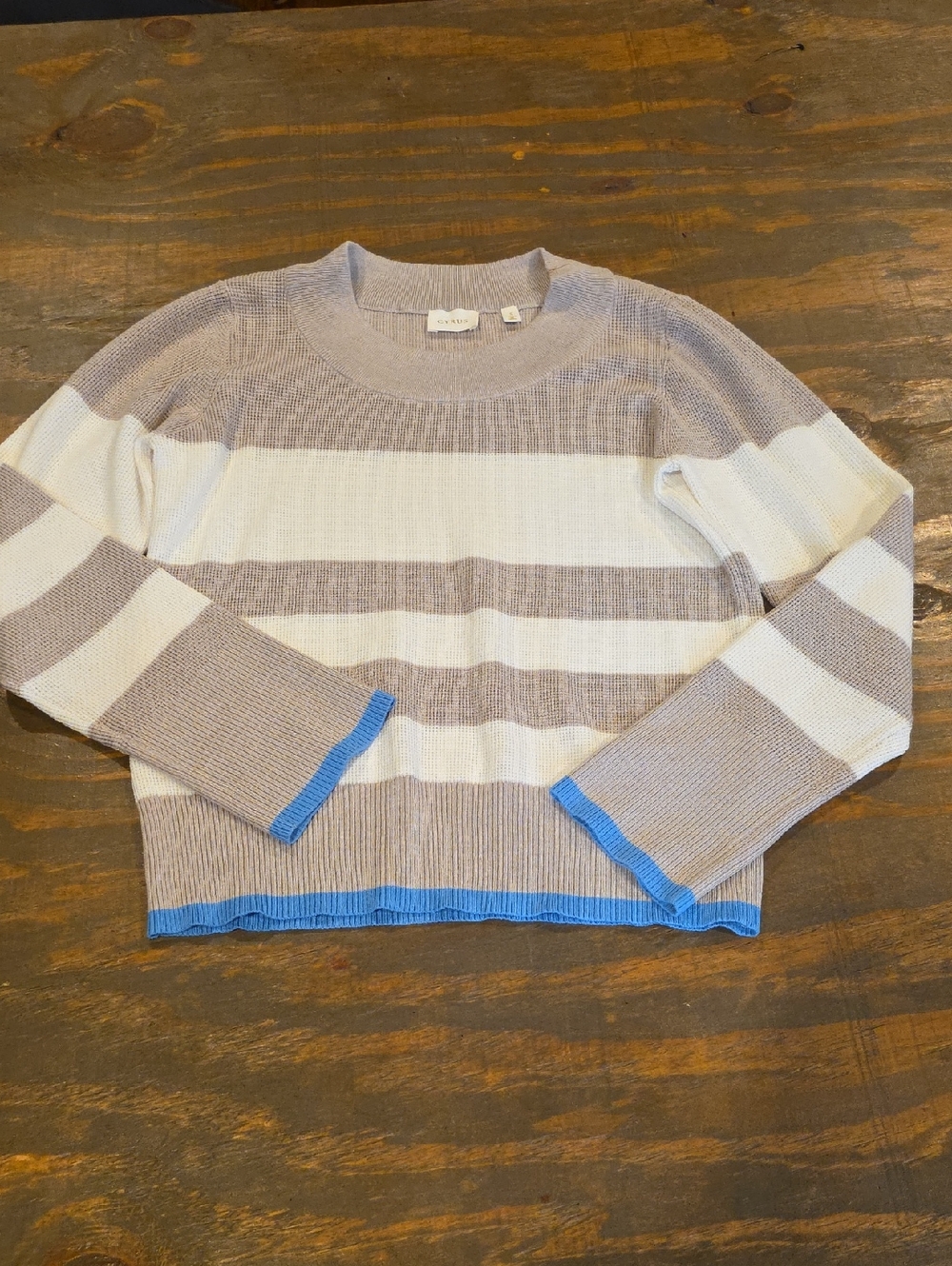 Cyrus Beige and White Striped Crewneck Sweater with Blue Trim